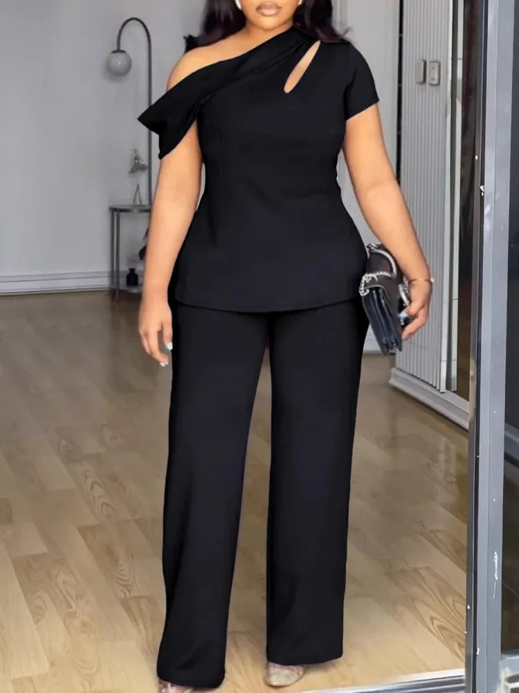 Drape One-Shoulder Pant Suit