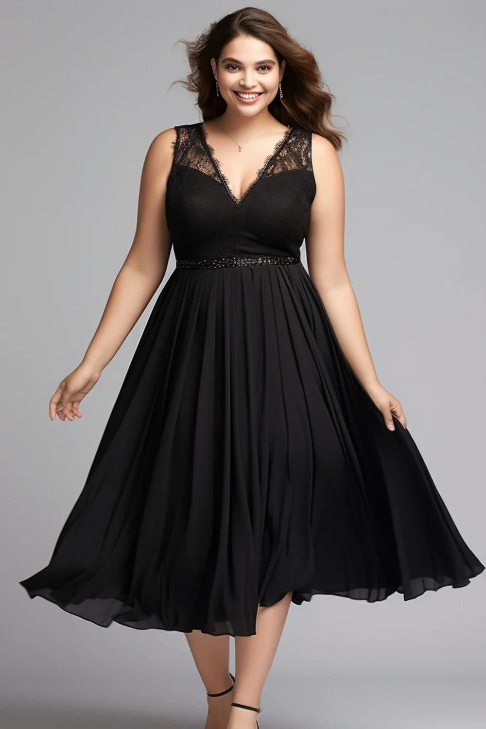 Chiffon Sleeveless Empire Waist Tea-Length Dress