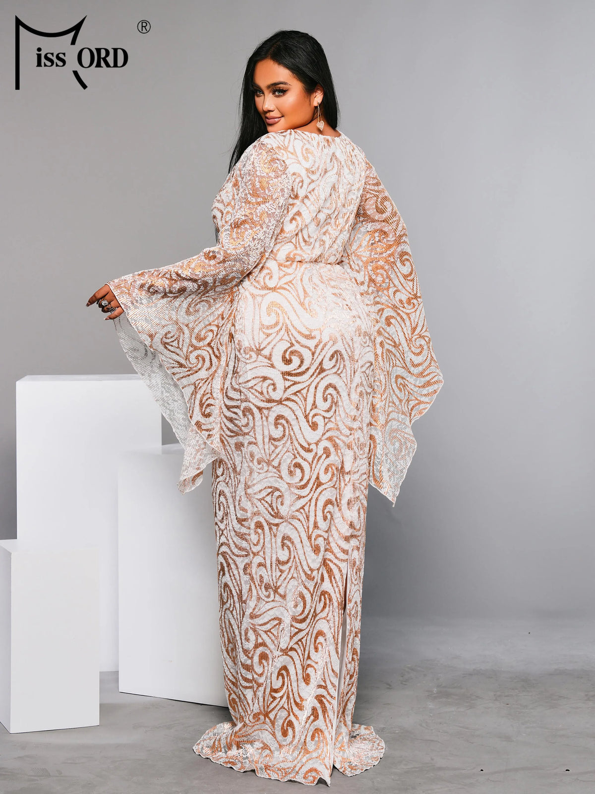 Flare Sleeve Geometric Sequin Formal Dress
