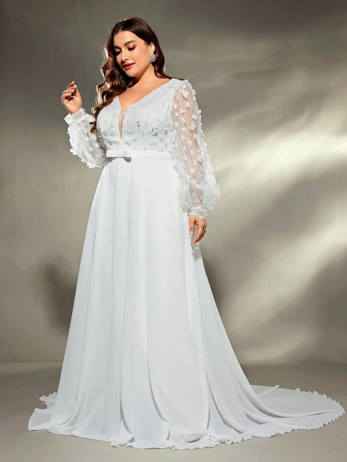 Floral Applique Sleeve Chiffon Party Dress