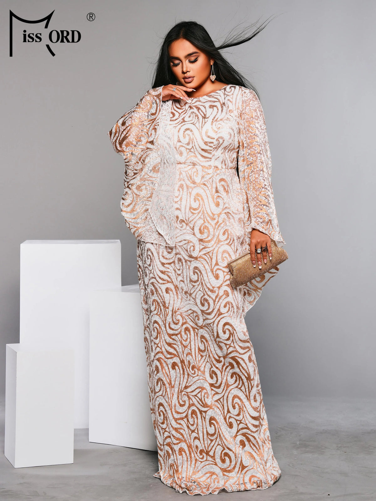 Flare Sleeve Geometric Sequin Formal Dress