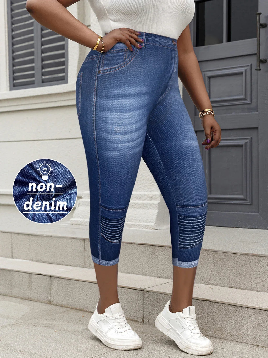 Faux Denim Print Capri Leggings