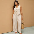 Button Vest and Wide-Leg Pants Set