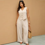 Button Vest and Wide-Leg Pants Set