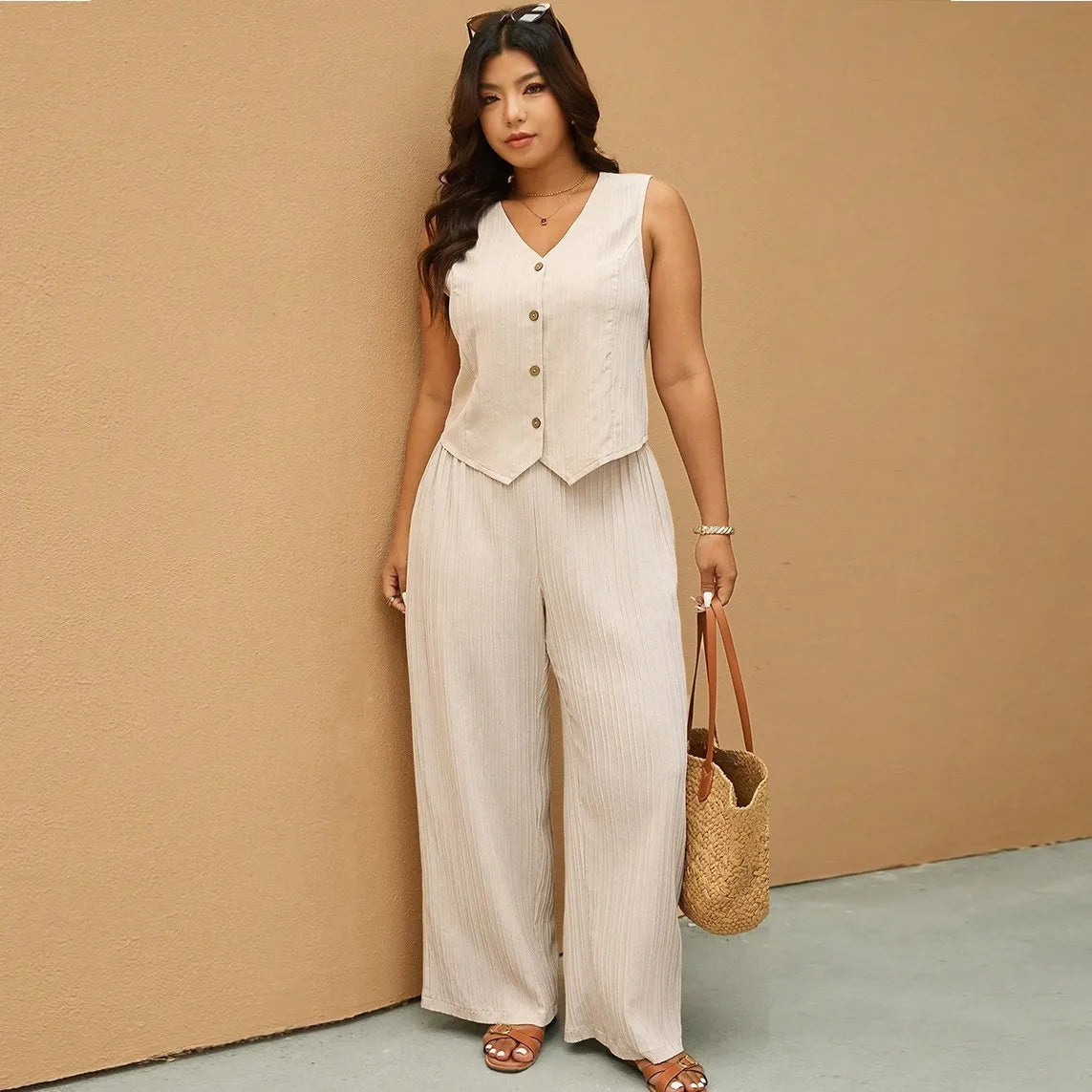 Button Vest and Wide-Leg Pants Set