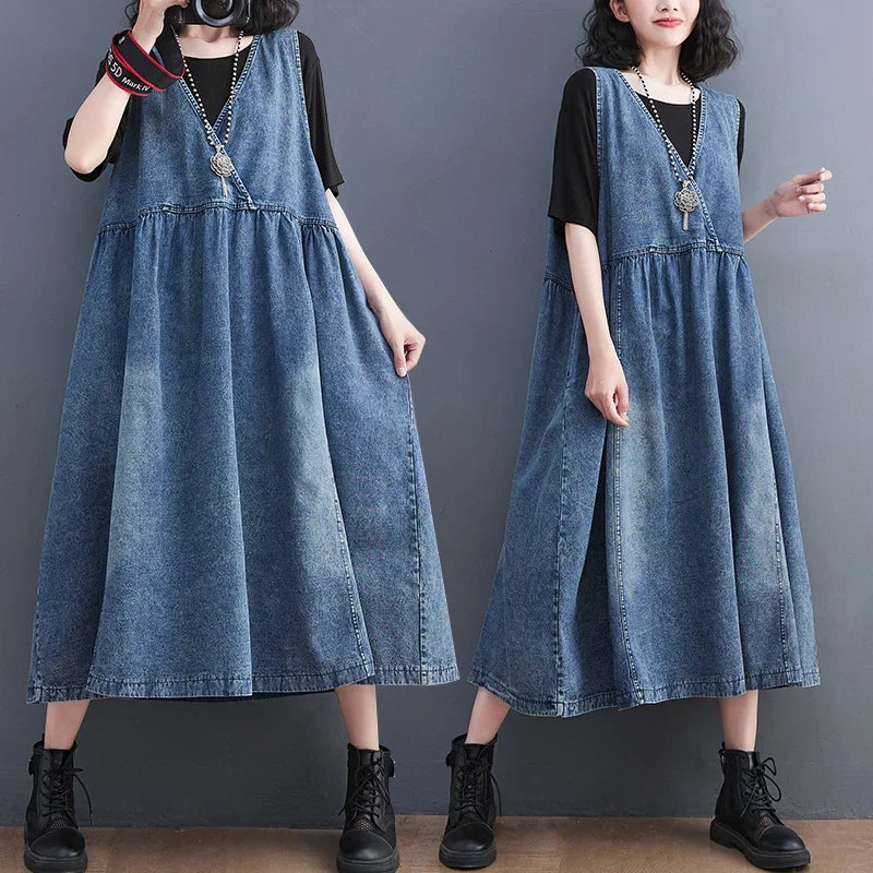 Curve Boho Denim Pinafore Dress