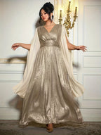 Metallic Cape Sleeve Maxi Gown
