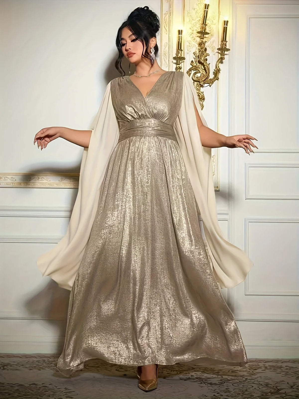 Metallic Cape Sleeve Maxi Gown