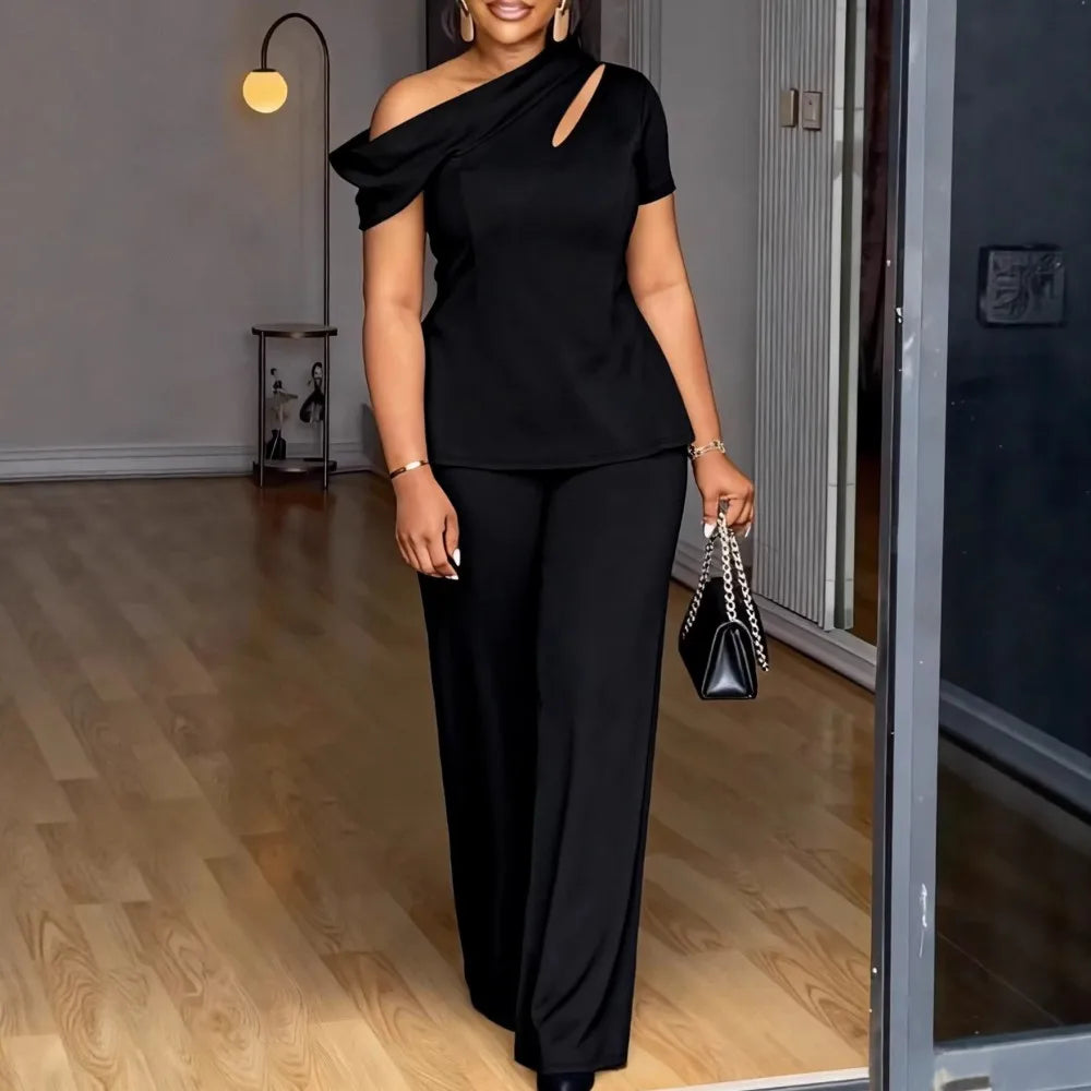 Drape One-Shoulder Pant Suit