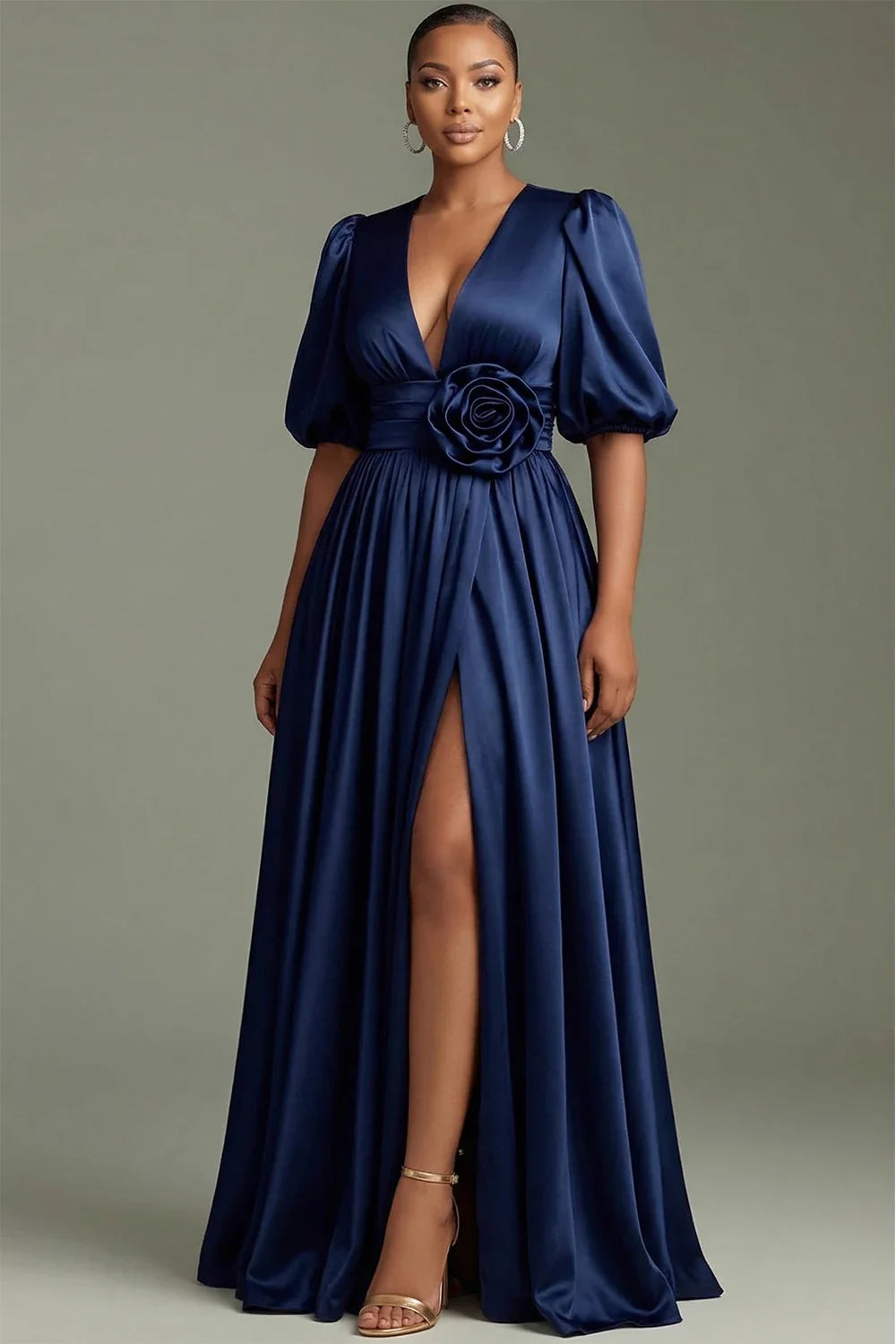 Satin Puff-Sleeve Slit Evening Party Dress