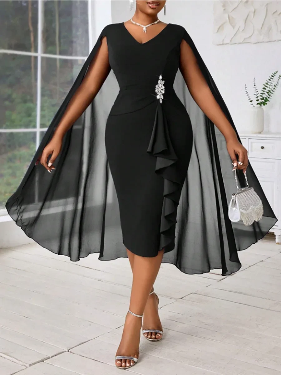 Chiffon Cape Sleeve Ruffle Midi Dress