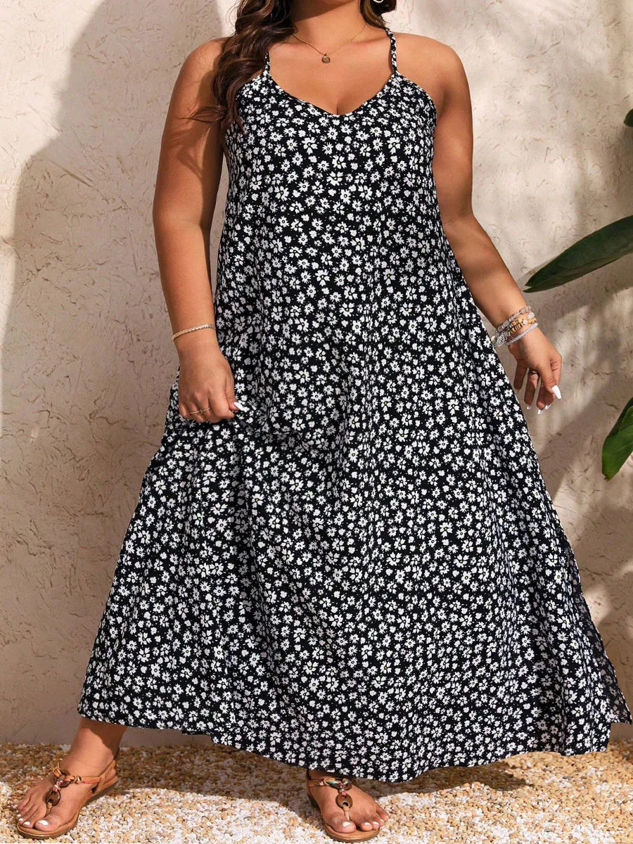 V-neck Flower Print Backless Dress