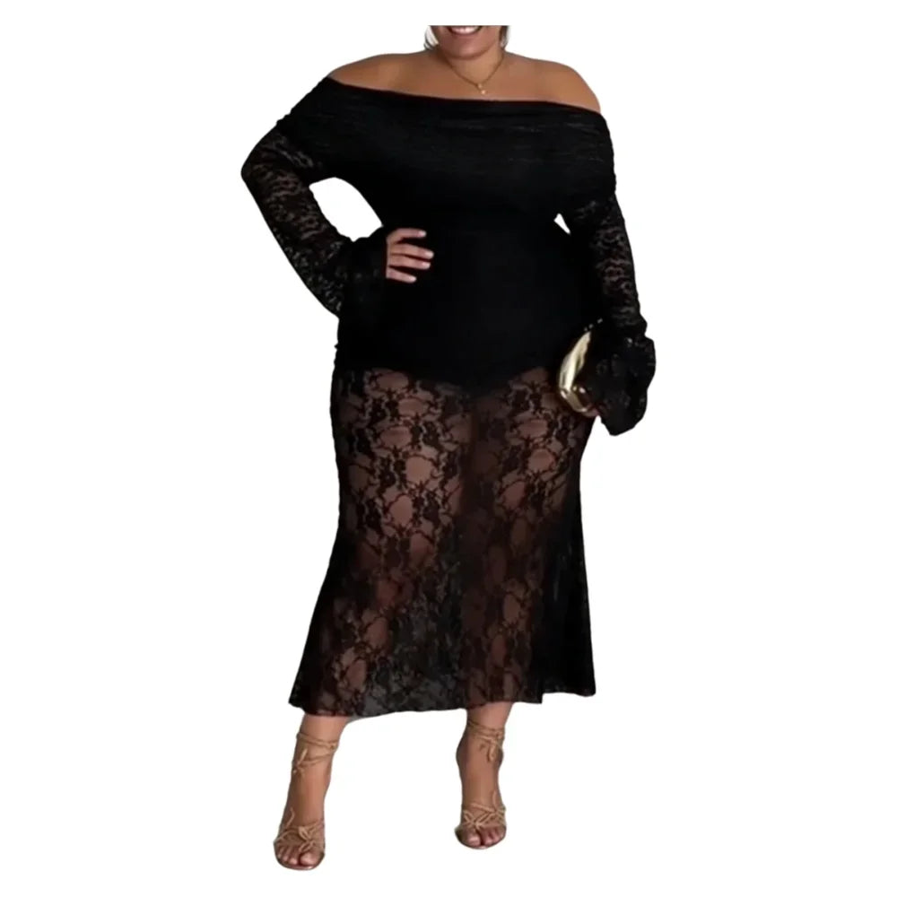 Off Shoulder Sheer Lace Midi Dress