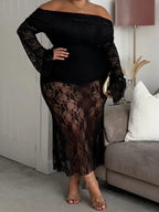 Off Shoulder Sheer Lace Midi Dress