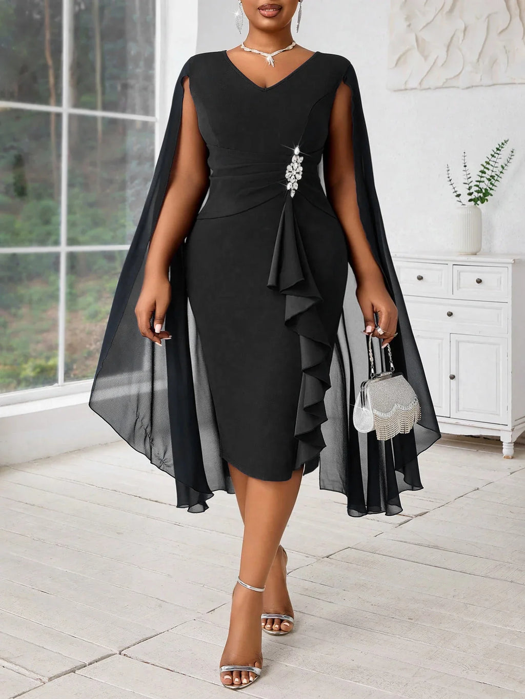 Chiffon Cape Sleeve Ruffle Midi Dress