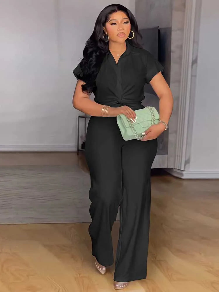 Pearl Twist Collared Top and Wide-Leg Pant Suit