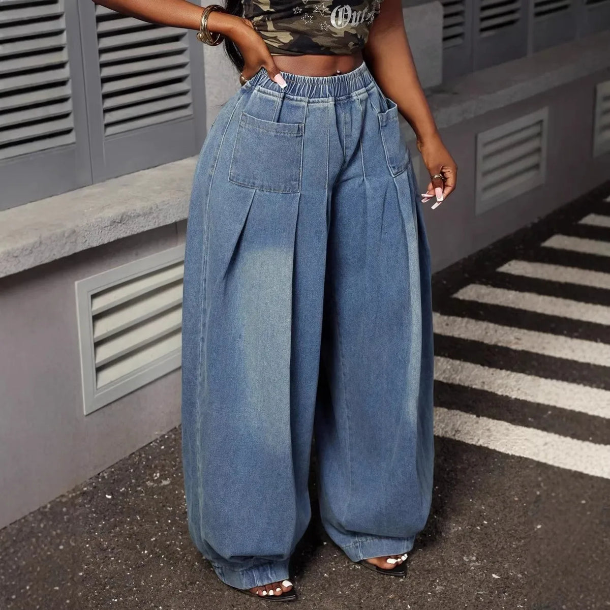Wide Leg Denim Pleated Denim Jeans Pants
