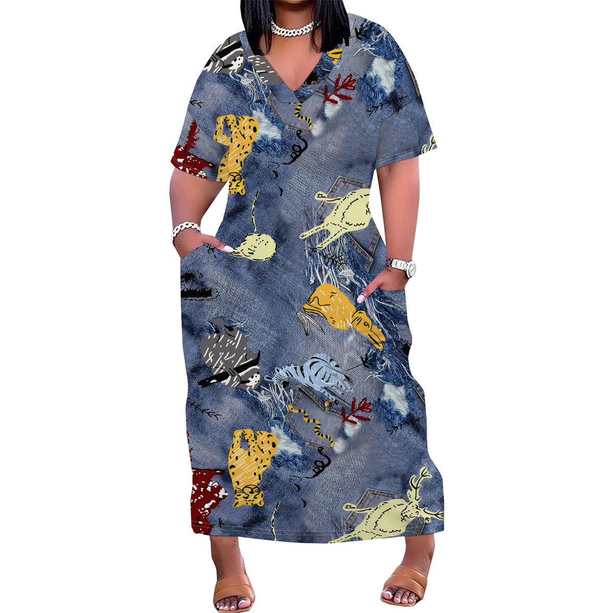 Curve Distressed Denim Maxi Dress