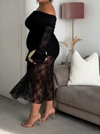Off Shoulder Sheer Lace Midi Dress