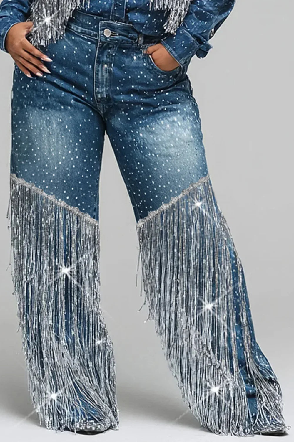 Glam Fringe Wide-Leg Pocket Denim Jeans