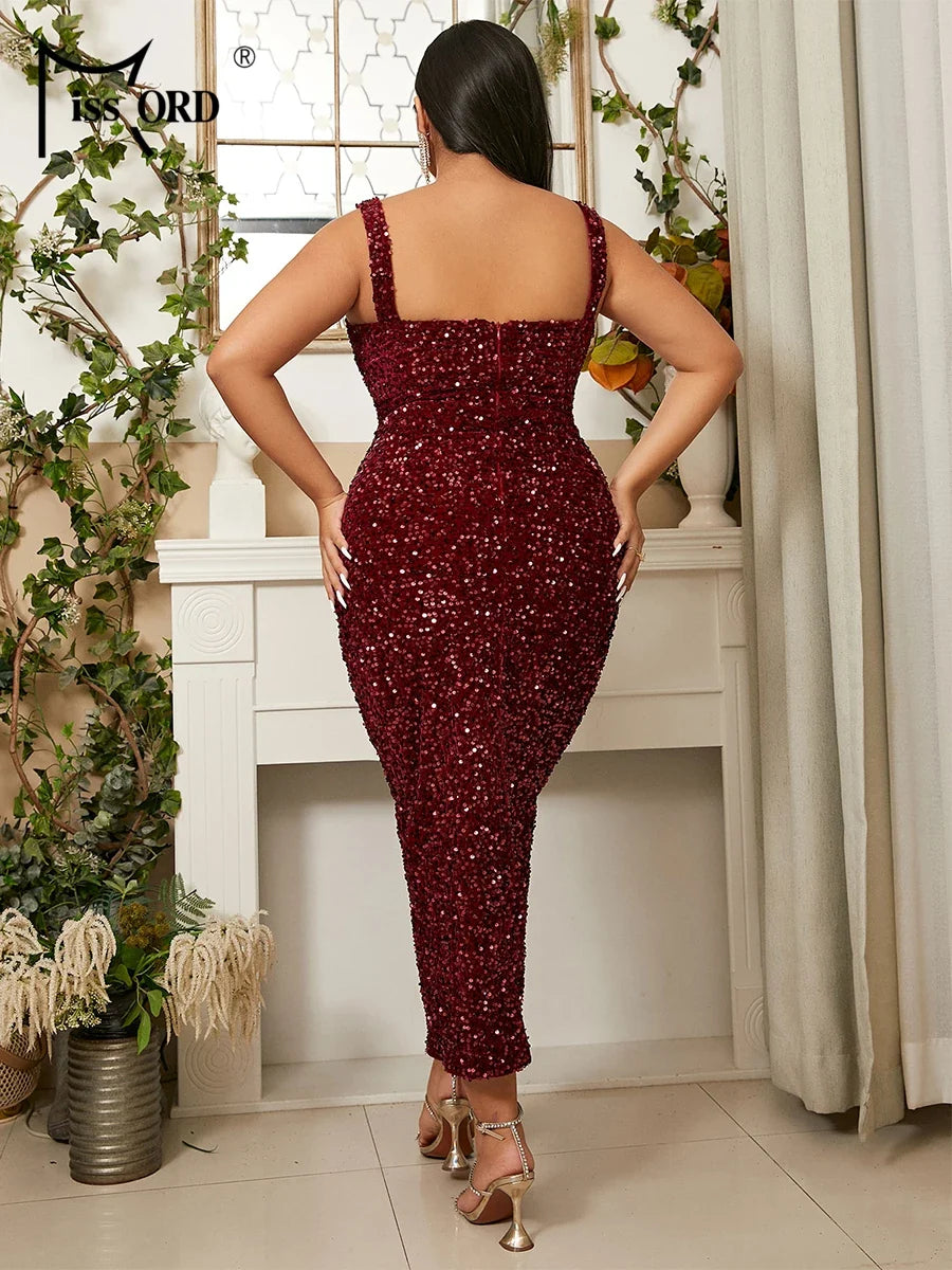 Square Neck Sequin Midi Dress