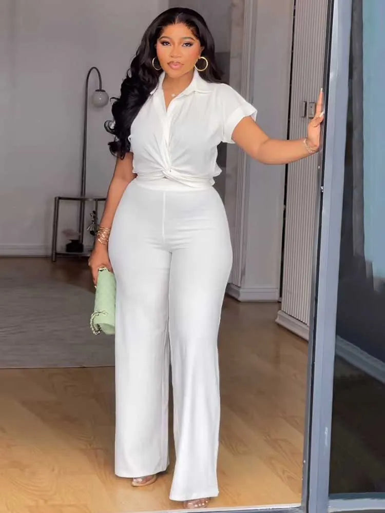 Pearl Twist Collared Top and Wide-Leg Pant Suit