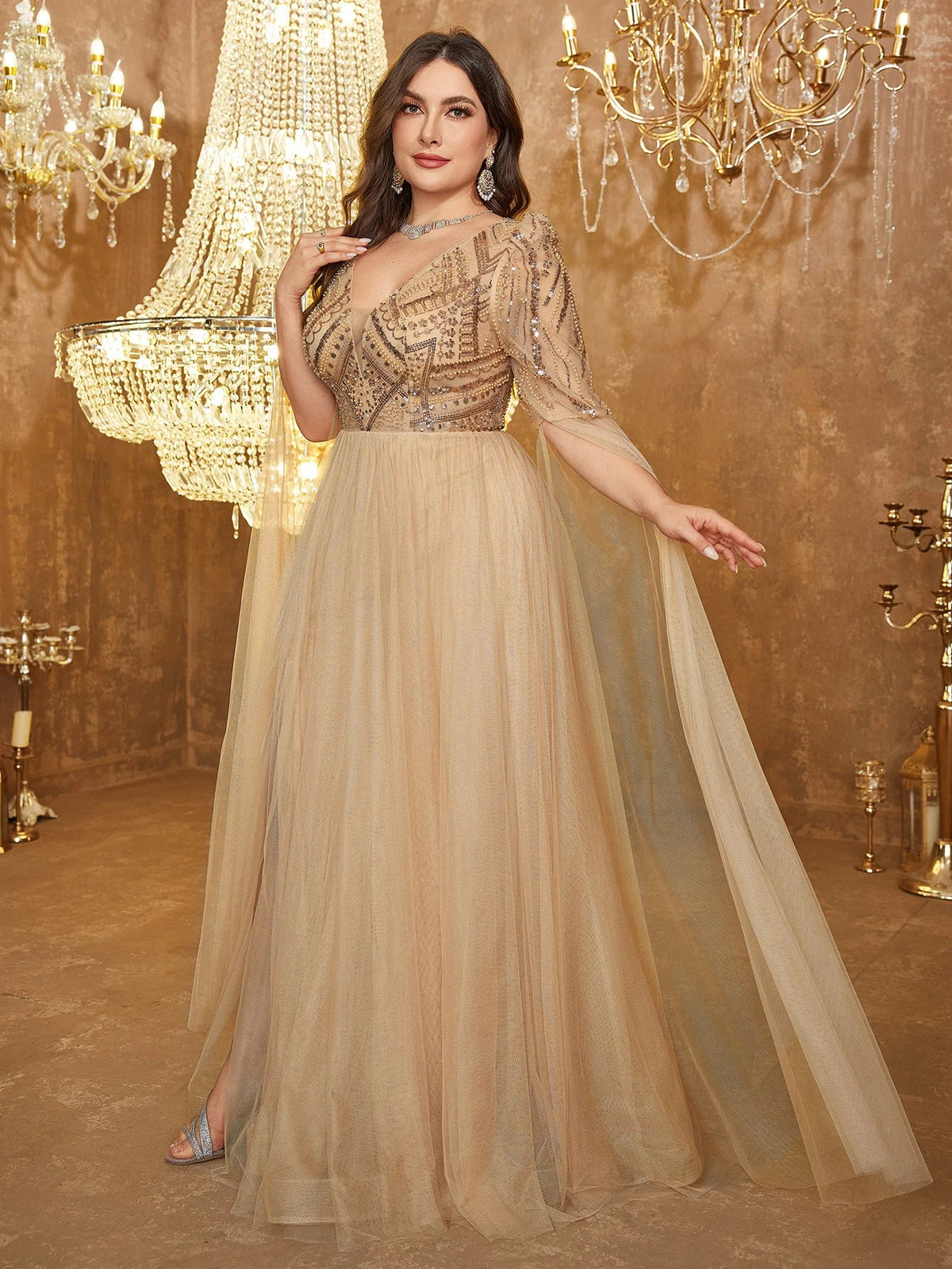 Beaded Tulle Cape-Sleeve Evening Gown