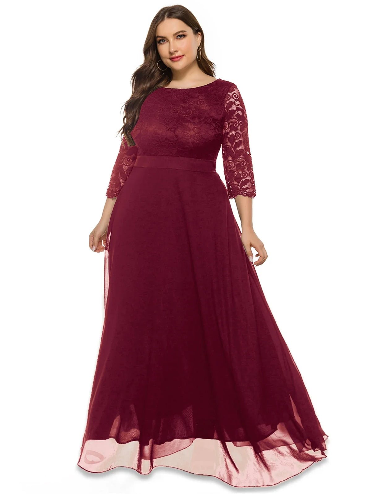 Merlot Romance Lace Sleeve Tulle Maxi Gown