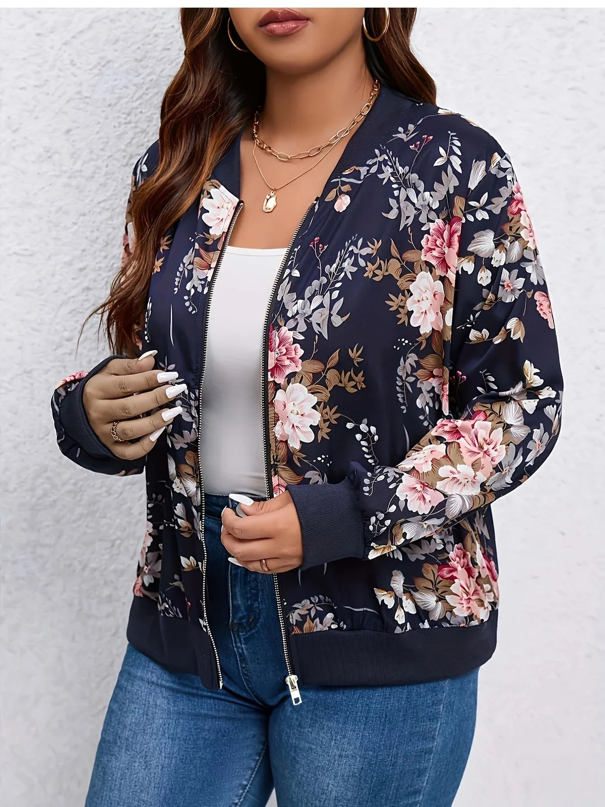 Floral print baseball collar jacket