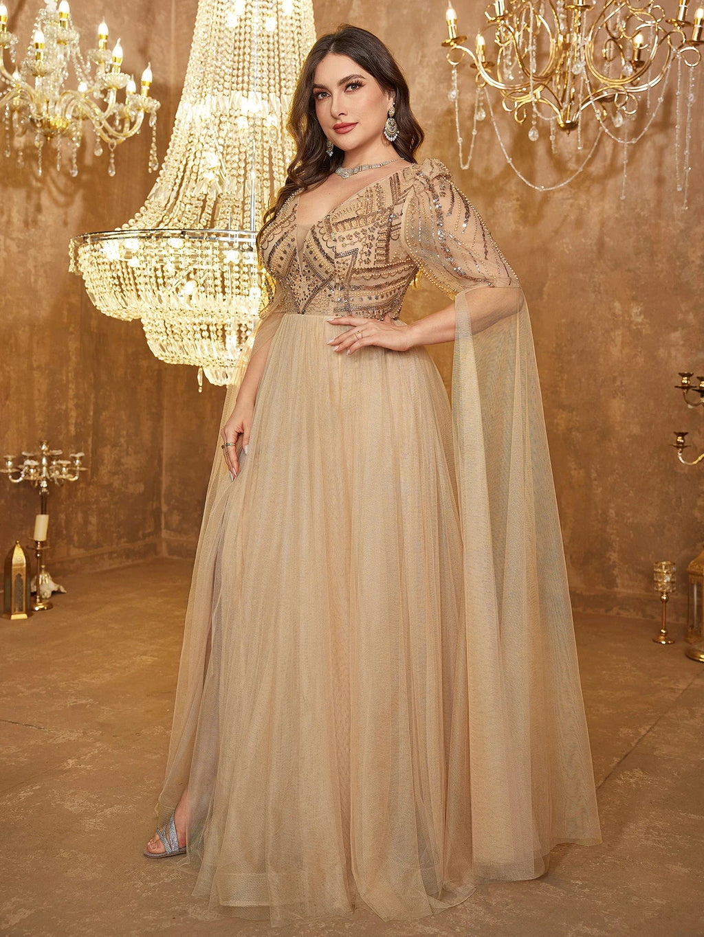 Beaded Tulle Cape-Sleeve Evening Gown