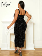 Square Neck Sequin Midi Dress
