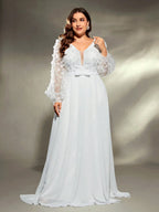 Floral Applique Sleeve Chiffon Party Dress