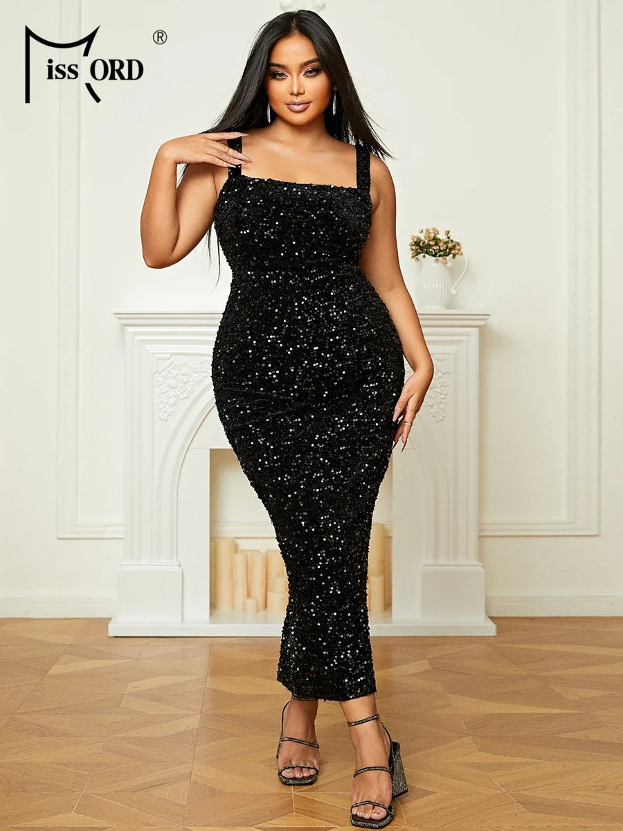 Square Neck Sequin Midi Dress