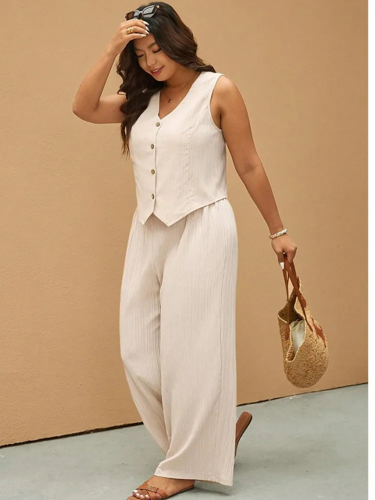 Button Vest and Wide-Leg Pants Set