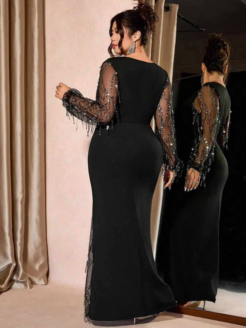 Sequin Tassel Mesh Slit Evening Gown