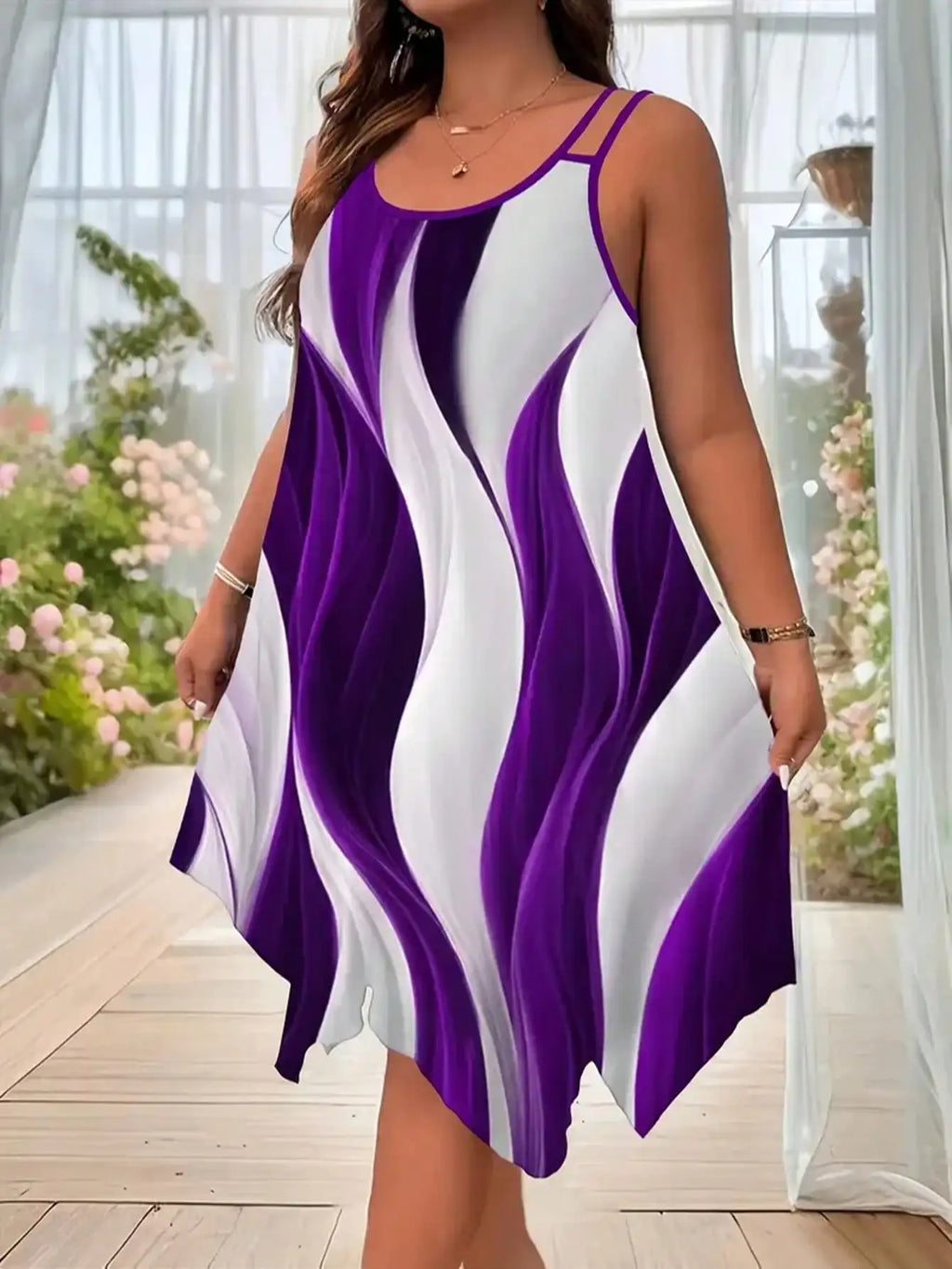 Geometric stripes printed double strap maxi dress