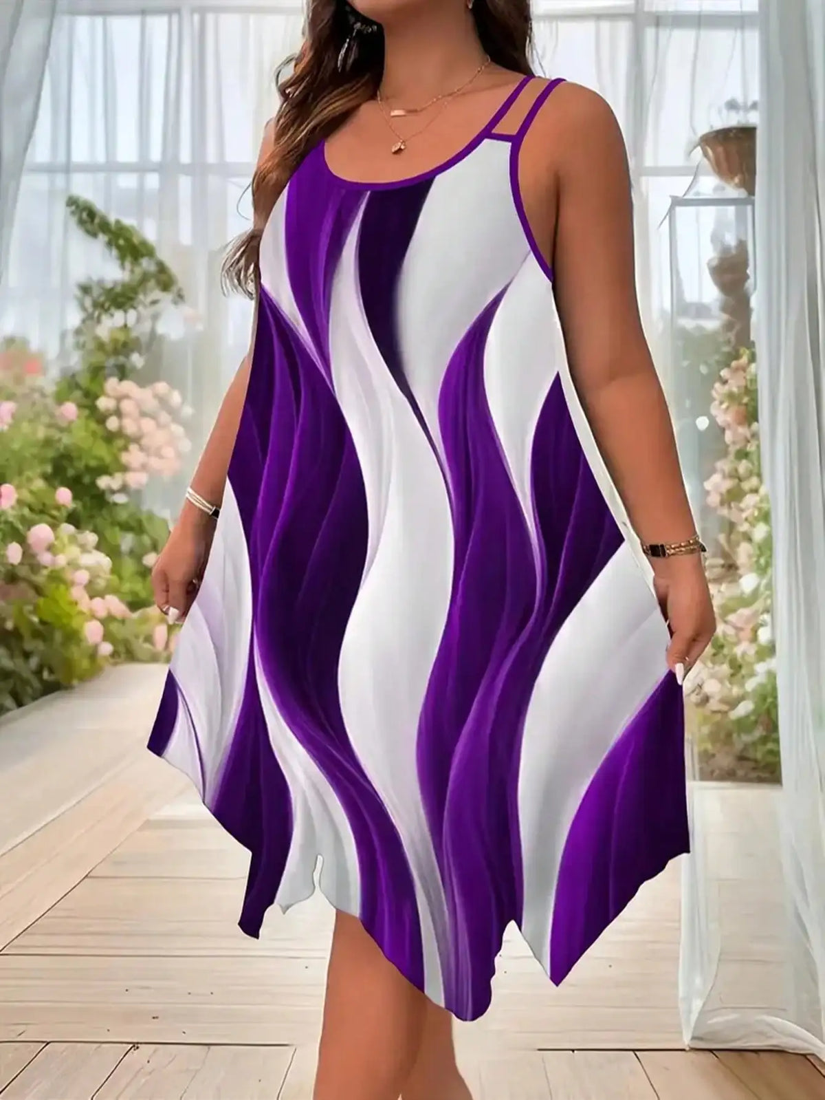 Geometric stripes printed double strap maxi dress