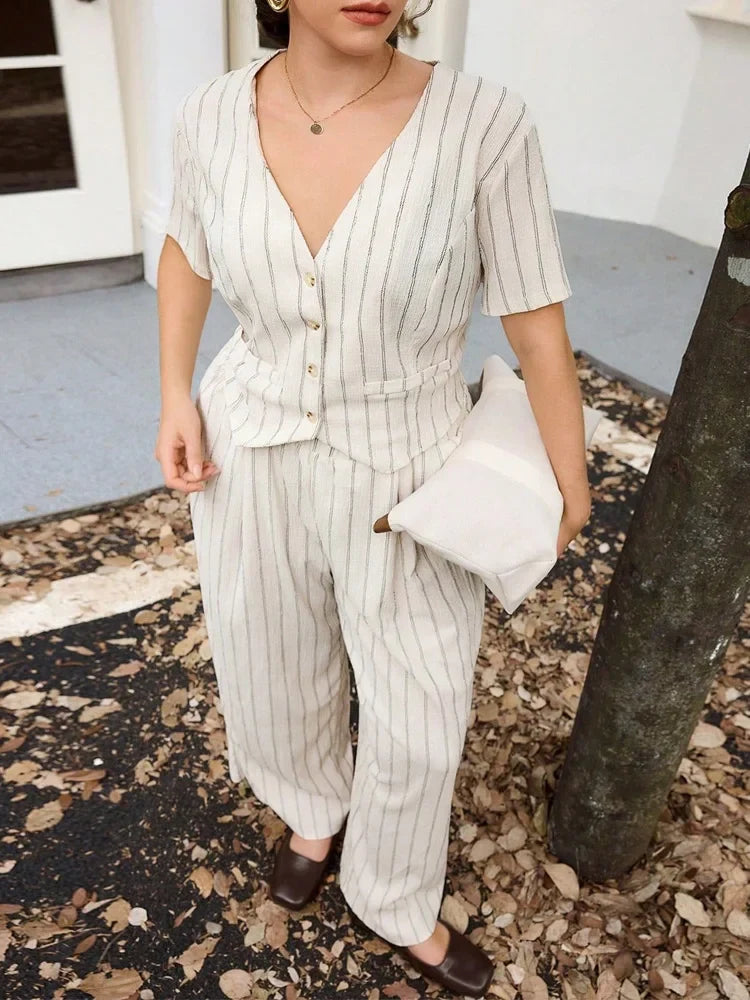 Pinstripe Button-Front Pantsuit