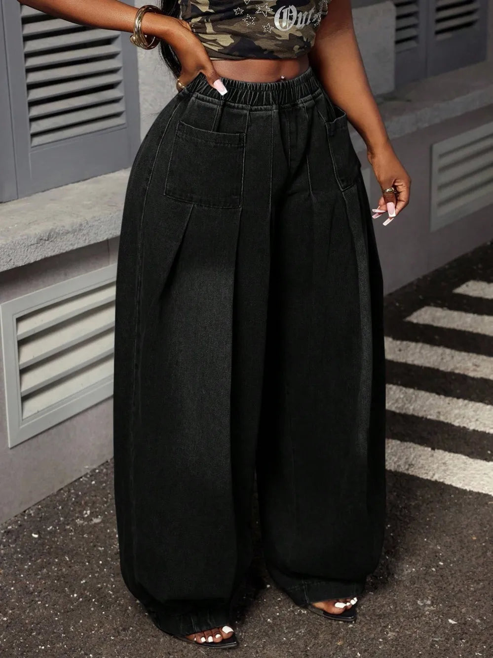 Wide Leg Denim Pleated Denim Jeans Pants