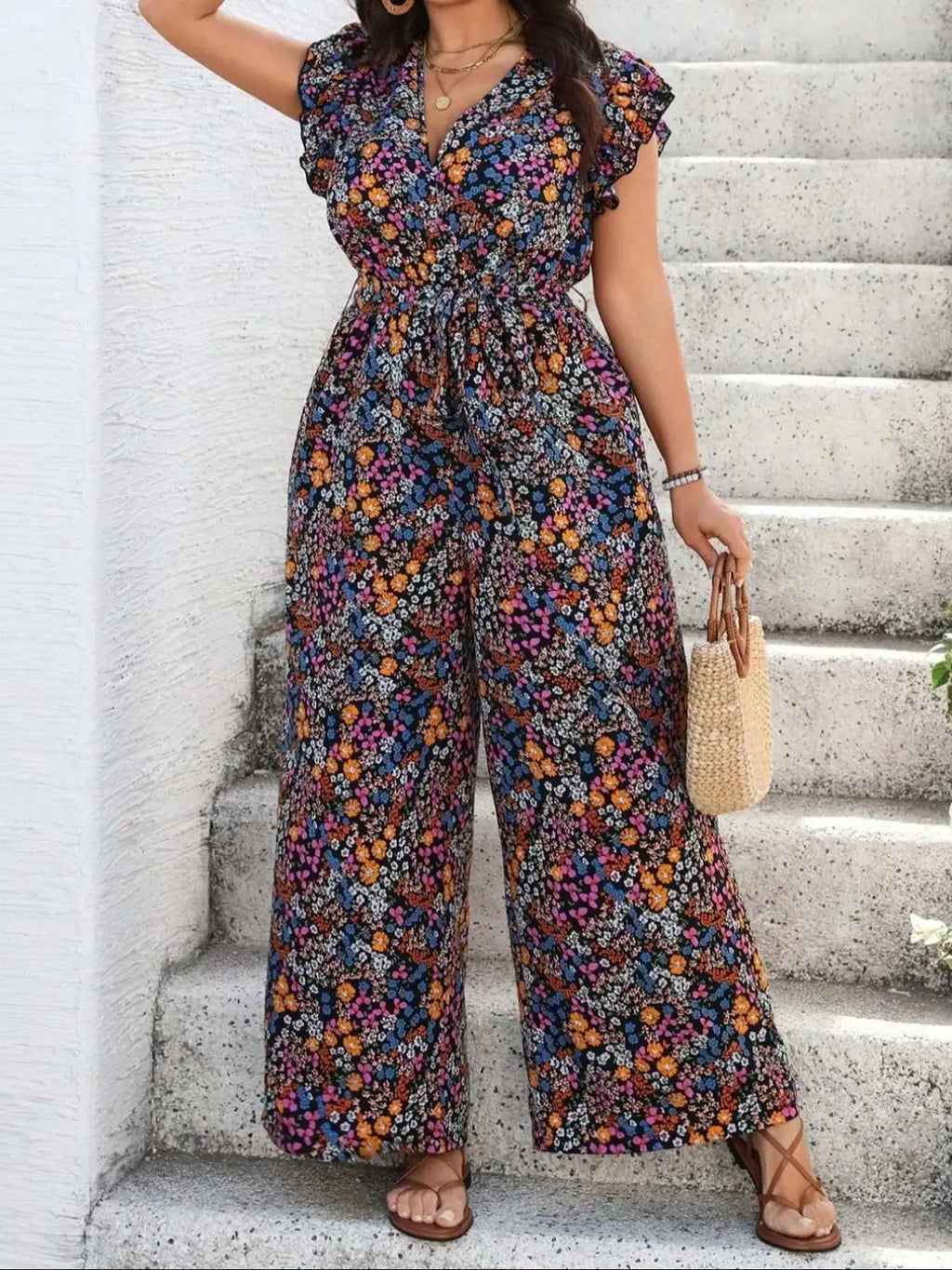 Floral Print Tie Shoulder pant suit