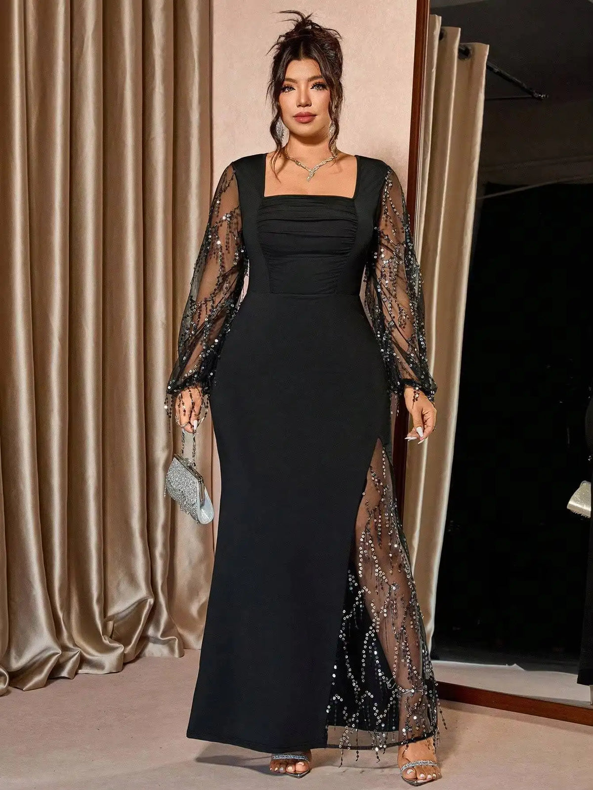 Sequin Tassel Mesh Slit Evening Gown