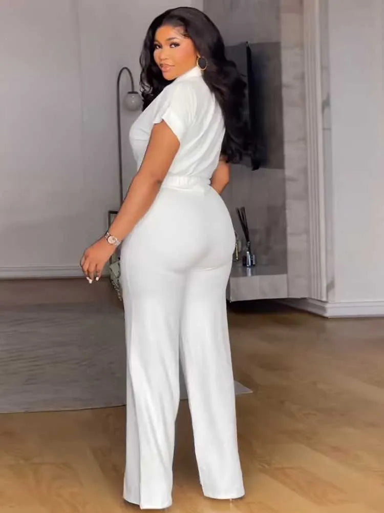 Pearl Twist Collared Top and Wide-Leg Pant Suit