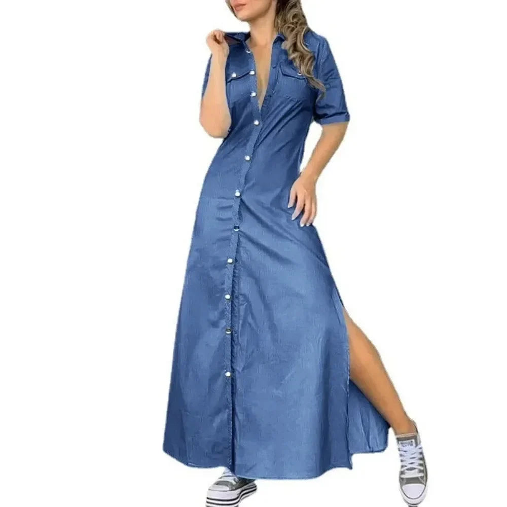 Curve Button-Front Denim Maxi Dress