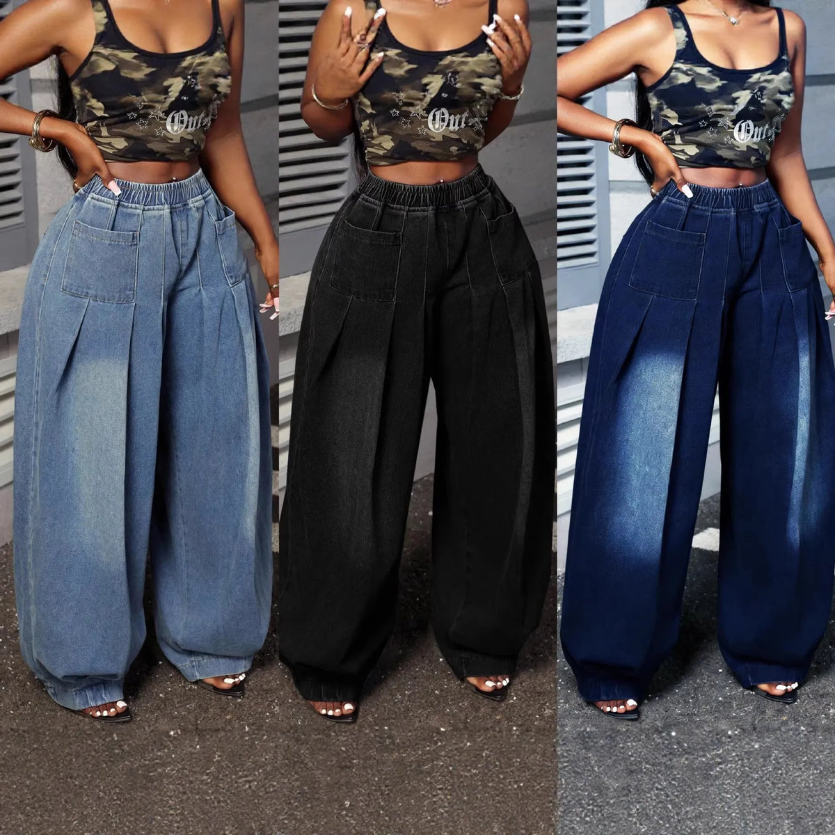 Wide Leg Denim Pleated Denim Jeans Pants