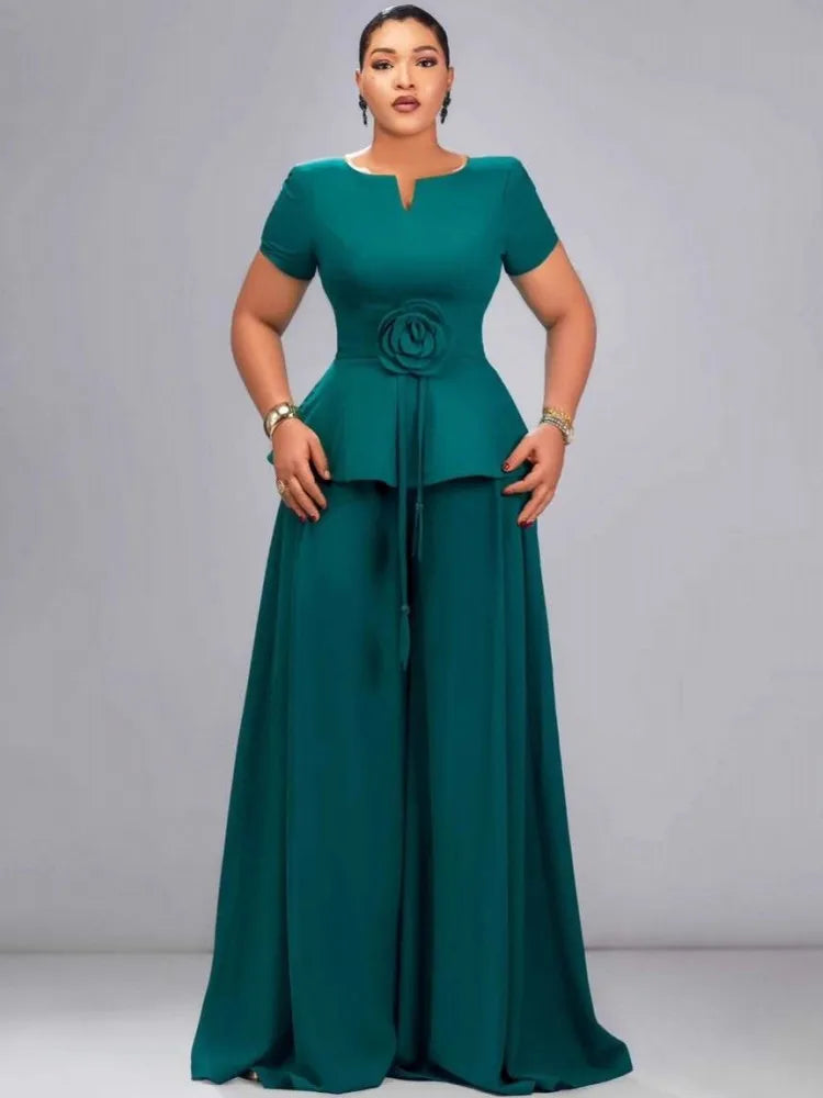 Emerald Bloom Wide-Leg Pantsuit