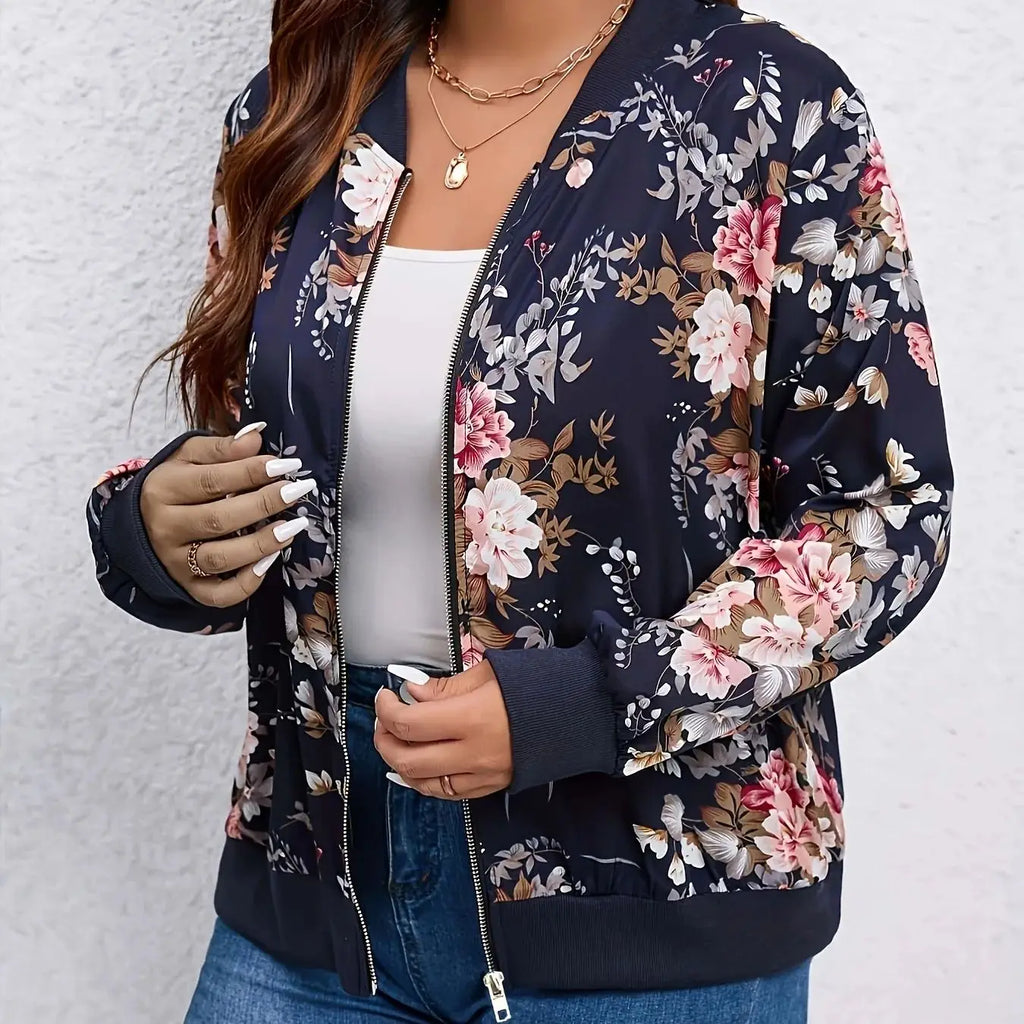 Floral print baseball collar jacket