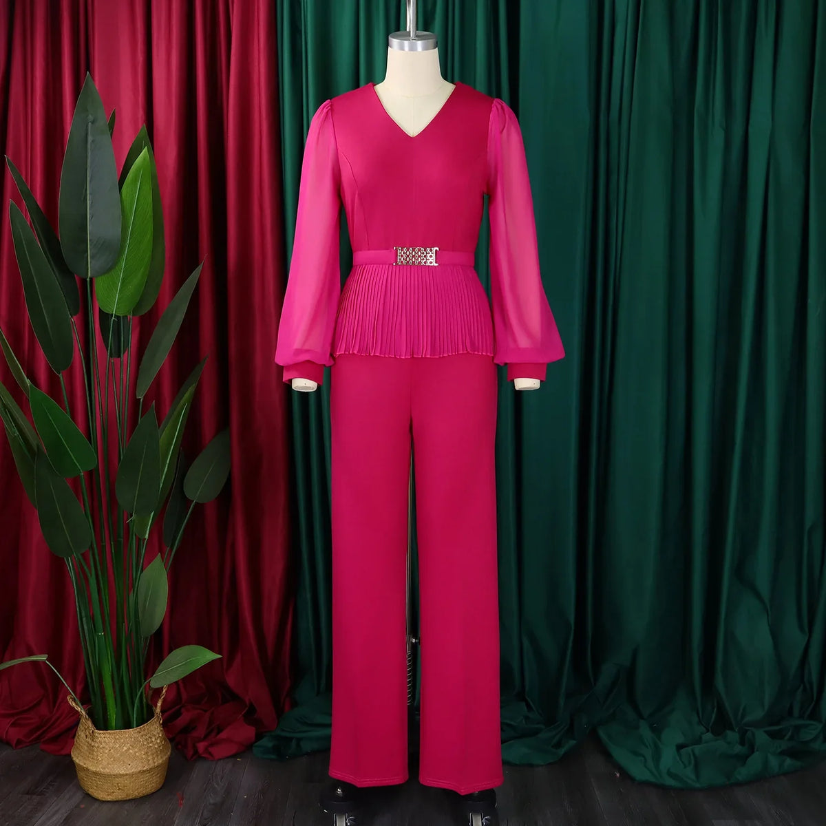 Fuchsia Power Pleated Peplum Pantsuit